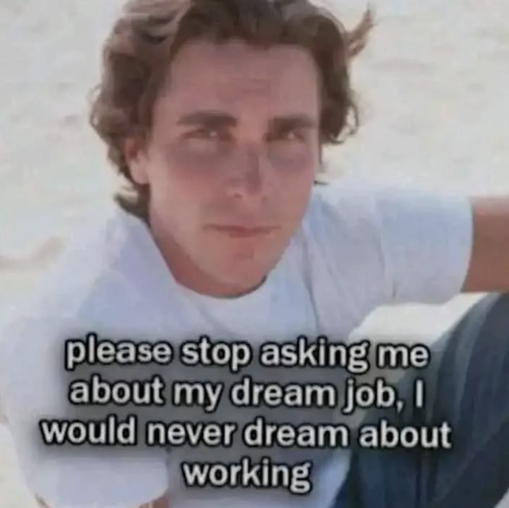 photo caption - please stop asking me about my dream job, I would never dream about working